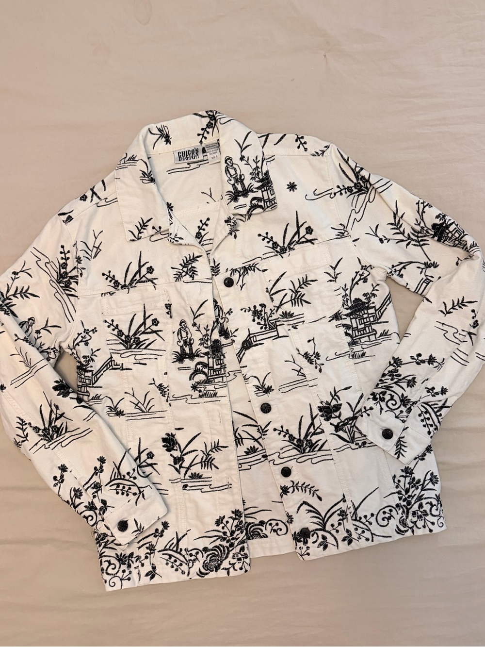 Chico's Design Vintage Black White Embroidered Toile Denim Trucker Jacket